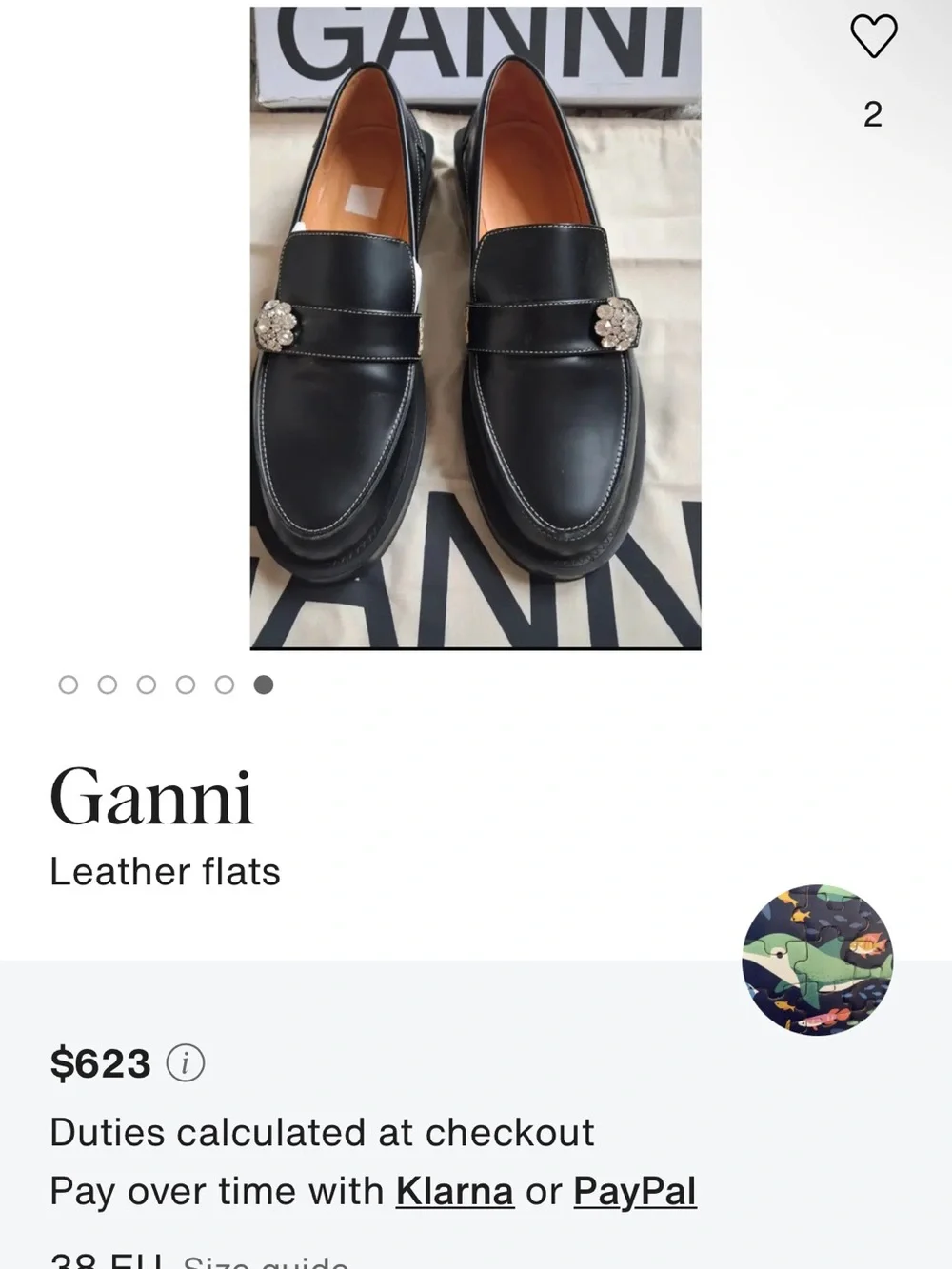 Ganni Black Leather Loafers with Crystal Buckle